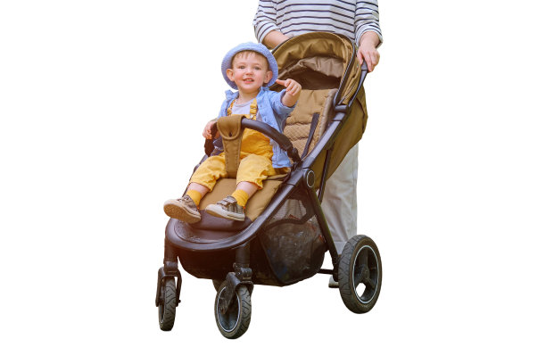 这名妇女和她的儿子推着婴儿车散步，享受着温暖的夏日微风，孤立在白色背景上。2岁左右(1岁11个月)图片下载