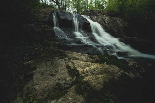 长曝光照片的一个小瀑布在一个郁郁葱葱的绿色森林。图片下载