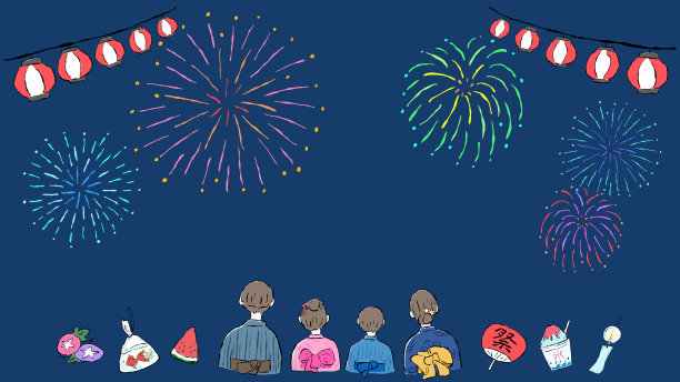 夏日的节日，烟花和汤田家庭的背景框架，简单的手绘插图图片下载