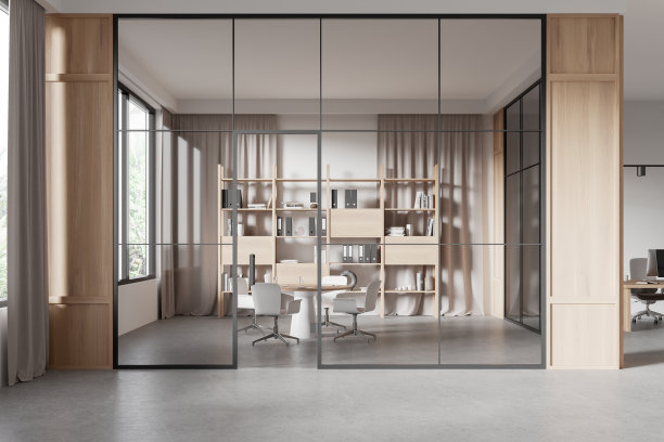 现代办公室内采用玻璃墙，会议区采用木质家具，以淡中性为背景，概念商务空间。三维渲染图片下载