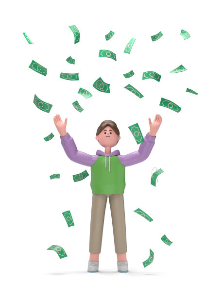 亚洲女孩Renae的3D插图庆祝成功站在钱雨钞票现金下降。成功的概念，成就。白色背景的3D渲染图片下载