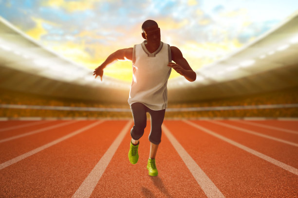 年轻男子跑者冲刺终点线在体育场内与阳光天空，3d插图图片下载