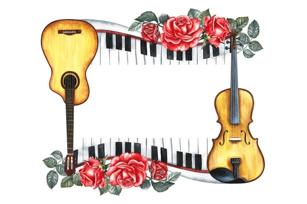 画框里有吉他、钢琴键、小提琴和红玫瑰。这幅水彩画是手工绘制的。用于制作海报、传单和邀请卡。制作贺卡和证书。图片下载