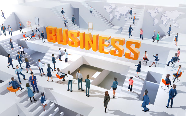 商业人士在一个抽象的商业环境中一起工作，围绕着大商业歌，开会，上下楼梯，3D渲染插图图片下载