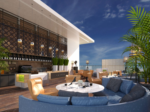 屋顶餐厅咖啡厅，室外露台。三维渲染图片下载