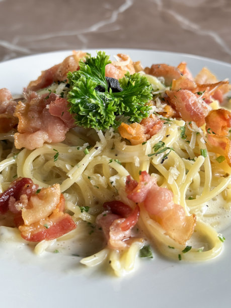 自制意大利面条的特写图片，以培根、帕尔马干酪、切碎的大蒜、鸡蛋、欧芹叶装饰在白色盘子上，大理石效果的背景，抬高的视图，聚焦在前景上图片下载