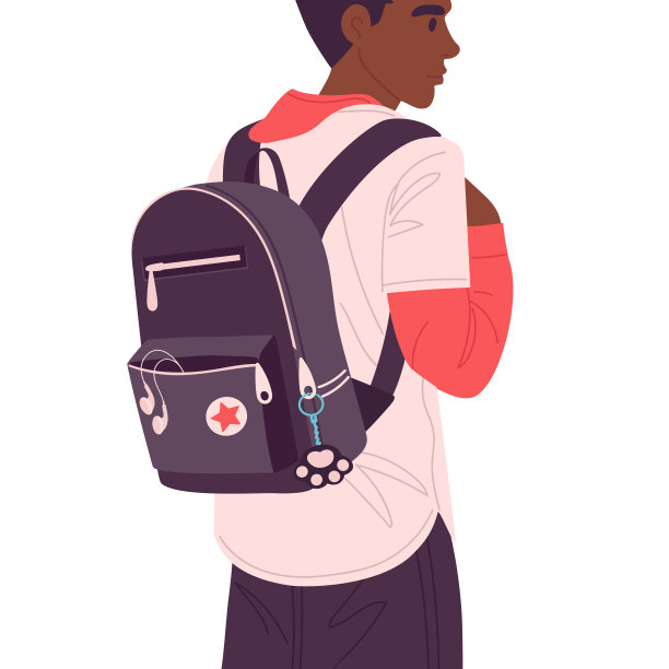 那个背着书包的家伙。男学生背着双肩包，男孩背着双肩包看平面矢量插图。卡通高中学生背包从后面看图片下载