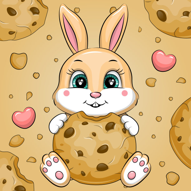可爱的卡通兔子拿着巧克力饼干。图片下载