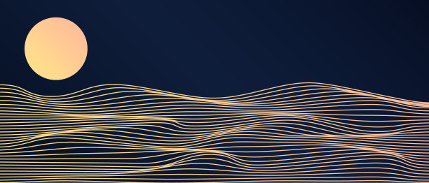 抽象艺术山景与发光的线条，波浪图案和太阳孤立在深蓝色的背景。矢量图图片下载