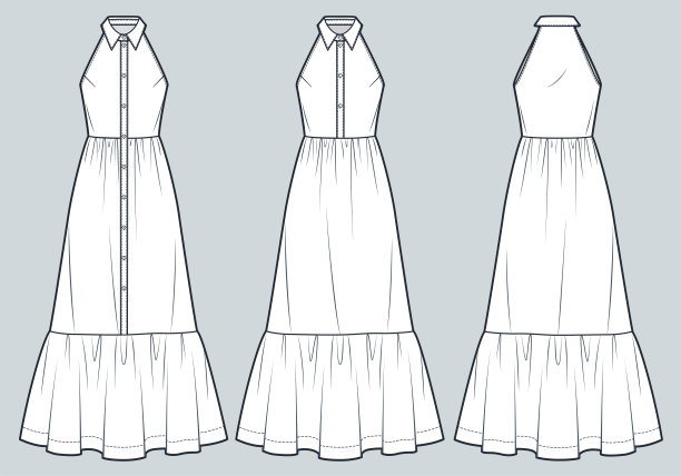 分层及地长裙技术时尚插画。吊带连衣裙时尚平面技术图纸模板，领口，纽扣，轻松合身，前后视图，白色，女装CAD模型集。图片下载
