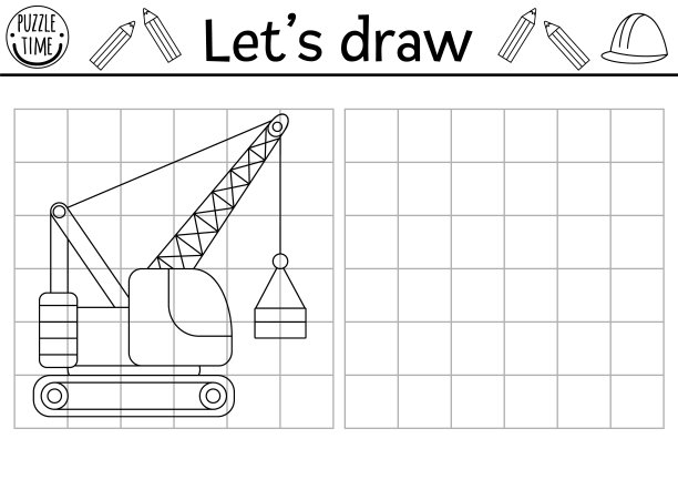 绘制履带式起重机。矢量施工现场绘图实践工作表与工业车辆。可打印的儿童黑白活动。用汽车复制或完成图片涂色页图片下载