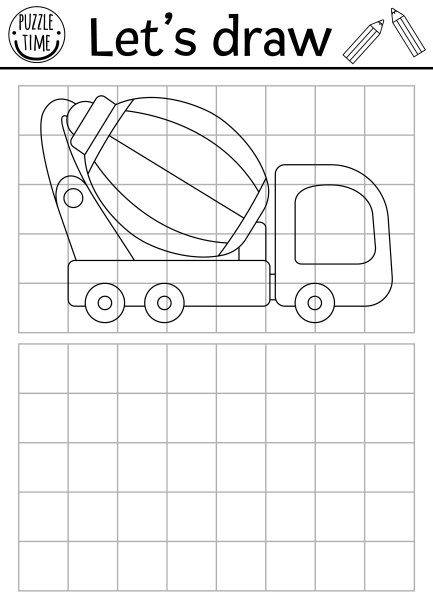 绘制混凝土搅拌机。矢量施工现场绘图实践工作表与工业车辆。可打印的儿童黑白活动。用汽车复制或完成图片涂色页图片下载