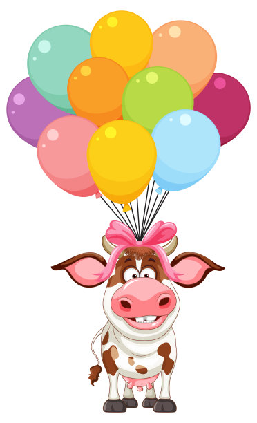 卡通奶牛被绑在五颜六色的气球上图片下载