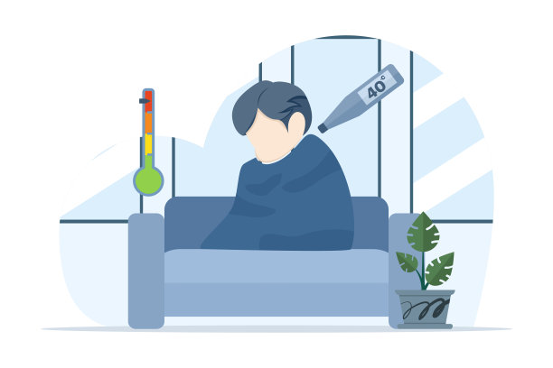 发热人概念。感冒的人，感冒的人，坐在沙发上，喉咙痛，发烧。载体插图发烧管理，教育，流行病的概念。平面矢量插图。图片下载
