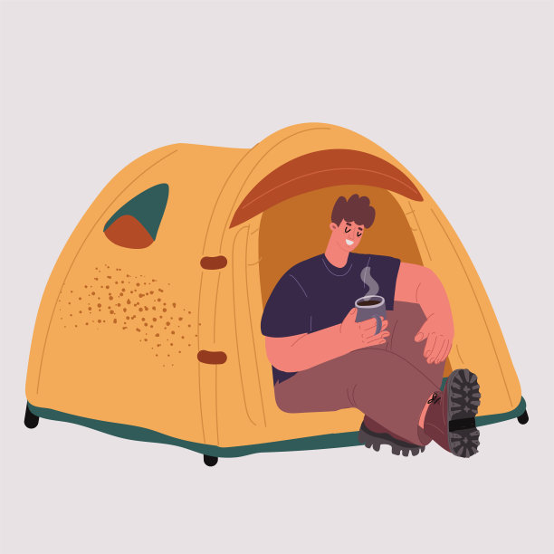 卡通插画：在帐篷里喝茶的男性角色，在森林里露营图片下载