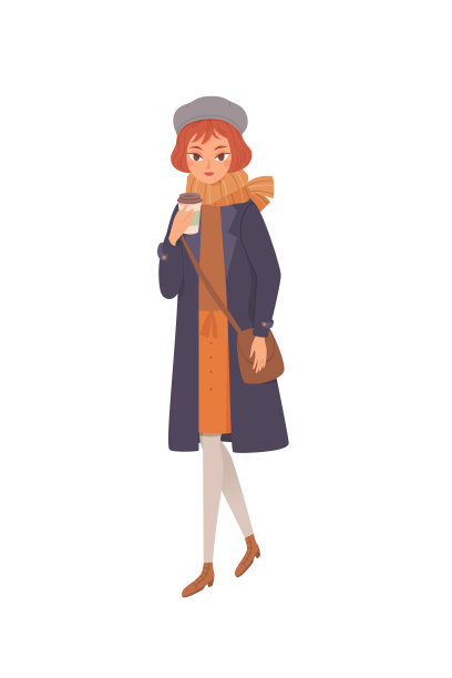 女人喝咖啡载体孤立性格。年轻女孩端着咖啡上街。人们喜欢热饮。早上的时间。拿走概念图片下载