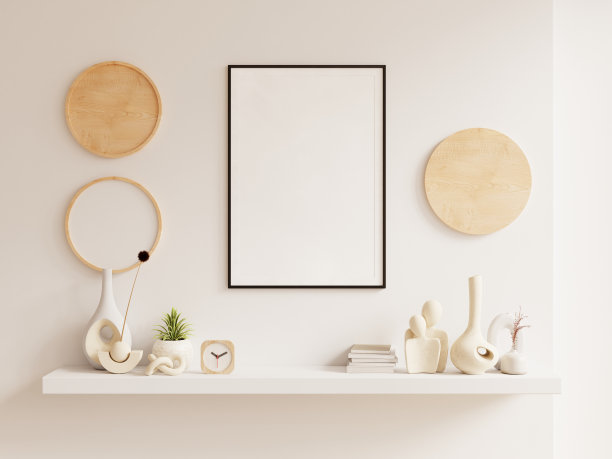 在舒适的白色内部背景的模型海报框架和木柜接近- 3D渲染图片下载