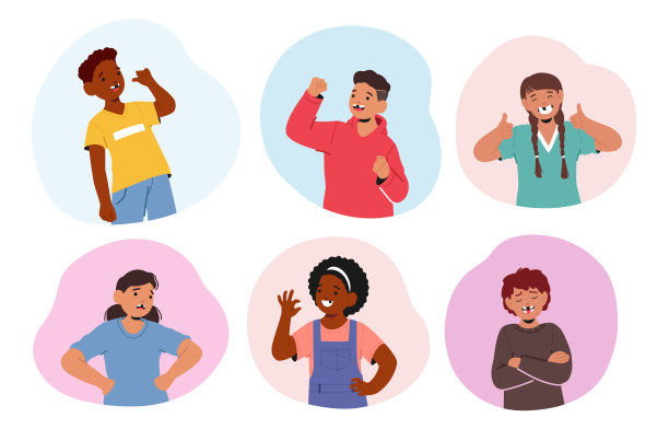 不同的儿童角色炫耀他们缺失的乳牙，显示一系列的情绪和姿势，矢量集图片下载