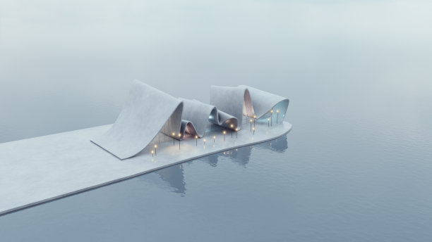 未来的波浪形建筑设计。现代建筑理念与反思。3 d渲染。图片下载