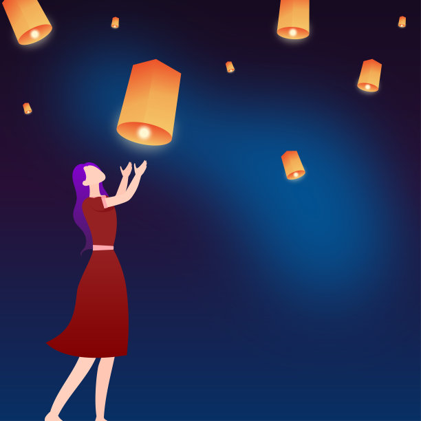 元宵节插画，人们放飞天灯图片下载