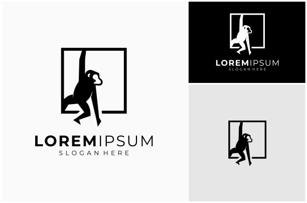 猴猿黑猩猩剪影悬挂方形框架简单平面矢量设计插图图片下载