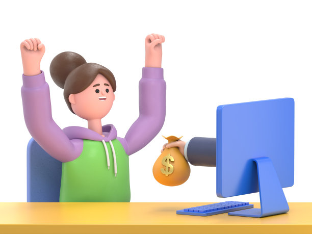 班长伸出一只手，把一袋钱递给一个高兴的人。网上收入的概念，网上收入，赌博。白色背景的3D渲染。图片下载