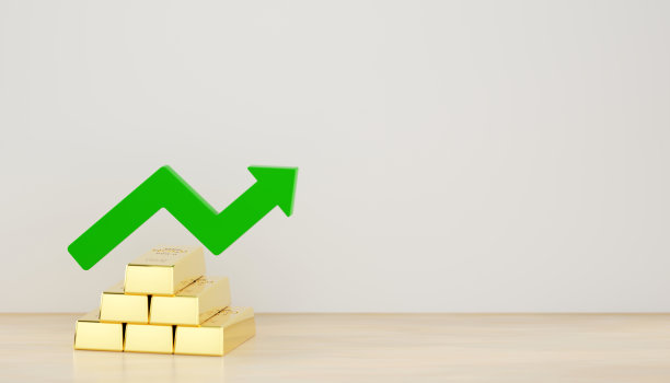 3D渲染的绿色箭头和金条，错综复杂地融入场景中，象征着财务富足和成功的投资。图片下载