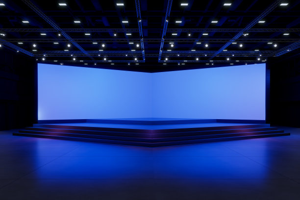 空舞台设计的模型和企业形象，展示。大厅的平台元素。空白屏幕系统的图形资源。场景事件引导的夜光舞台。3d背景在线事件，会议，直播。3渲染。图片下载