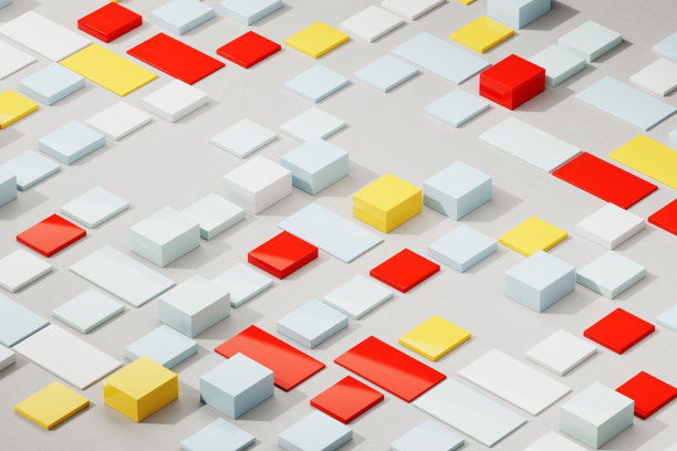 三维渲染抽象背景的红，黄，蓝，白正方形排列在浅灰色背景上的几何图案图片下载