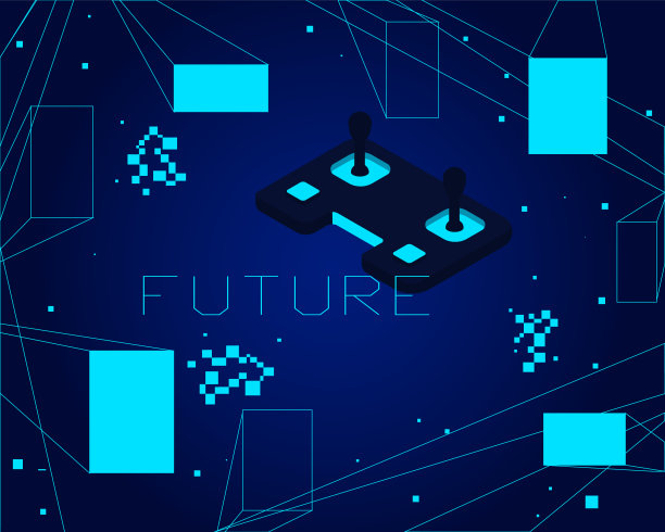 未来的图景。游戏操纵杆。抽象的霓虹灯方块。未来的技术。勾勒蓝色立方体的轮廓。像素简单的数字。游戏控制器。电脑视频游戏。矢量海报设计图片下载