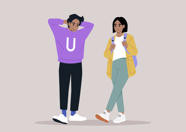 两个朋友悠闲地漫步在一起，一个背着背包，另一个手放在脑后，享受着轻松的交谈图片下载