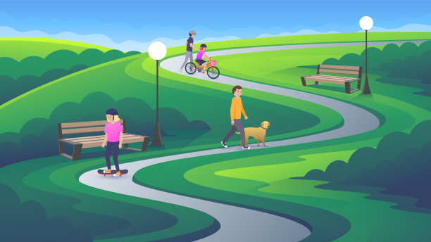 一群人在城市公园里散步。图片下载