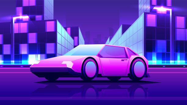 一辆粉红色的车晚上停在金融区附近。图片下载