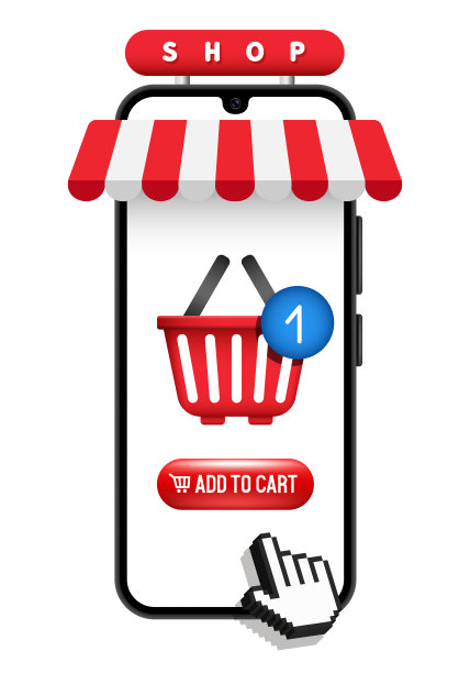 在线商店。带有条纹遮阳篷和网站界面的智能手机。矢量3D插图隔离在白色背景上。图片下载