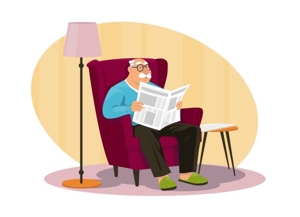 老人在看报纸。爷爷拿着期刊。老人坐在舒适的扶手椅上浏览新闻专栏。爷爷下班后放松一下。退休人员休息。向量的概念图片下载