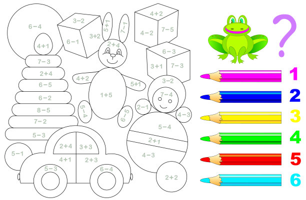 儿童加减法数学练习。用相关的颜色画图片。培养孩子的数数技能。彩色的书。儿童教育工作表。图片下载