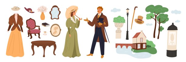 男士和女士配饰。穿着维多利亚时代服装的贵族。复古的服装。的对象。19世纪的欧洲时尚。一对夫妇在公园散步。家里的家具。格里什向量集图片下载