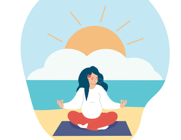 孕妇在海滩上冥想。孕妇以瑜伽莲花姿势坐着，做吸气呼气练习。新母性、心理健康和身体健康的概念。图片下载