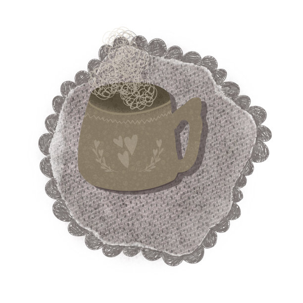 舒适的米色杯子形状不寻常，一杯茶或咖啡放在蕾丝餐巾上图片下载