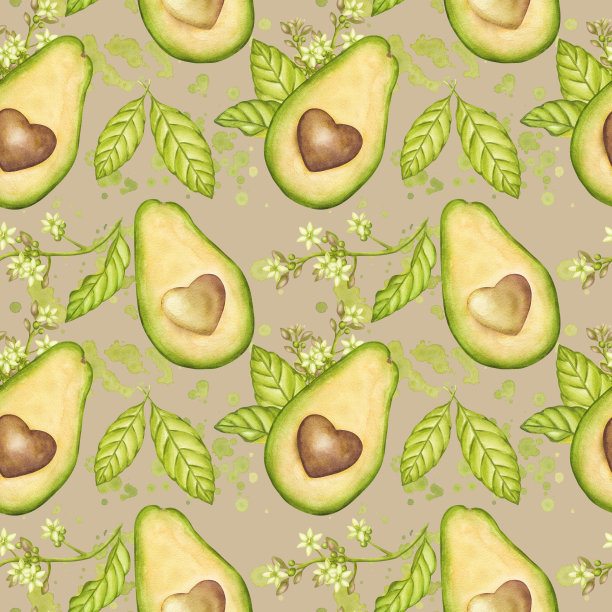 无缝花纹牛油果半果带籽心形，叶绿，花多。蔬菜剪纸艺术。素食饮食绘画。手绘水彩插画背景。植物设计图片下载