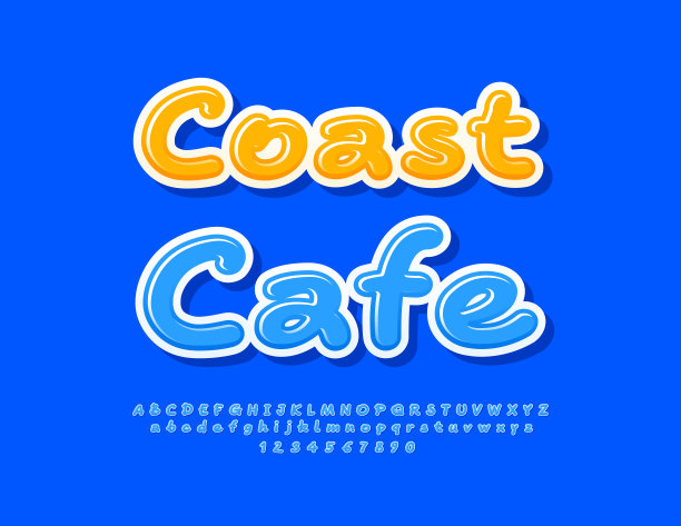 矢量广告海报海岸咖啡馆。现代蓝色字母和数字集图片下载