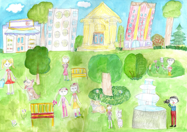 孩子画的家庭旅行。世界美景。幼稚风格的铅笔艺术。图片下载