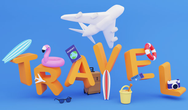 旅游壁纸插图，3D渲染夏天和蓝色背景的旅游概念图片下载