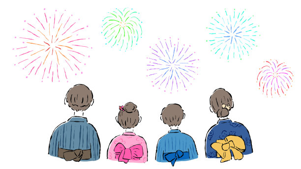 家庭在浴衣中的后视图，烟花，夏日节日，简单的手绘插图图片下载