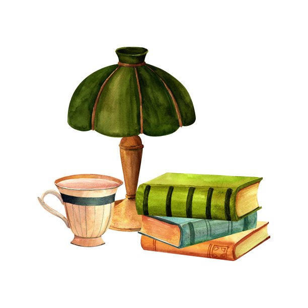 一盏绿灯罩，古玩书籍，一个茶杯组成水彩套装。写作集水彩插图印刷贴纸，广告，复古传单和明信片。、剪贴簿图片下载