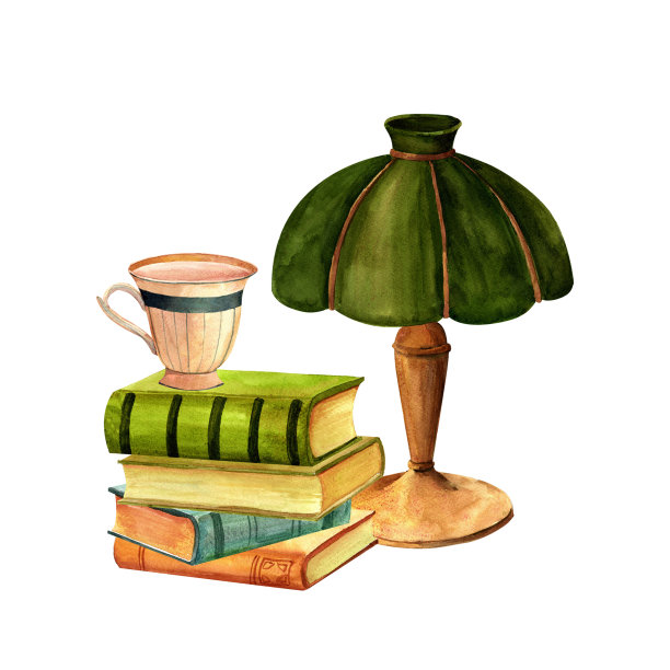 一盏绿灯罩，古玩书籍，一个茶杯组成水彩套装。写作集水彩插图印刷贴纸，广告，复古传单和明信片。、剪贴簿图片下载