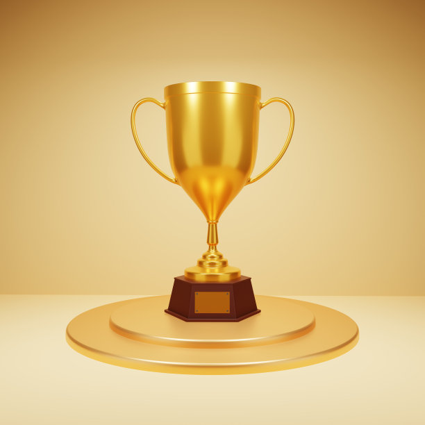 金色奖杯立在圆形领奖台上图片下载