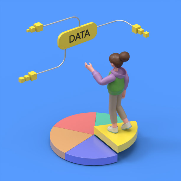 亚洲女孩Renae的3D插图站在一块图表饼和黄色的大按钮上，上面写着数据，数据分析。蓝色背景的3D渲染。图片下载