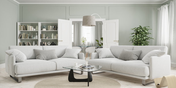 客厅有两个沙发，书架和相邻的餐厅。ArchViz 3d渲染。图片下载