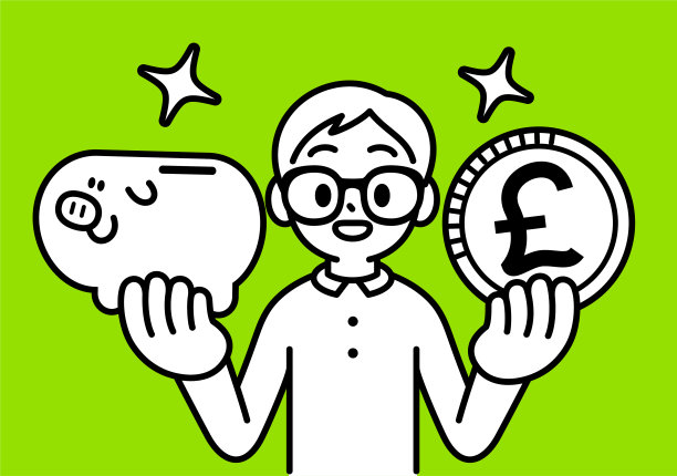 戴着黑框眼镜的用功男孩展示着扑满和钱，看着观众，极简风格，黑白轮廓，金融知识，投资知识和精明理财图片下载